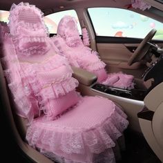 pink car seat covers with ruffles and lace on the front, back and sides