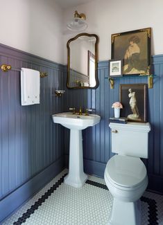 WV Farmhouse - Farmhouse - Powder Room - Other - by Stephen Shutts Design | Houzz Blue Beadboard Bathroom, Beadboard Powder Room, Blue Beadboard, Transitional Powder Room, Virginia Farmhouse, Farmhouse Powder Room, Penny Tile Floors, Eclectic French Country, French Country Bathroom