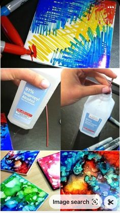 the process of painting with acrylic paint on canvases is shown in multiple pictures