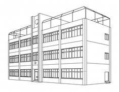 an architectural drawing of a building with windows and balconies on the top floor