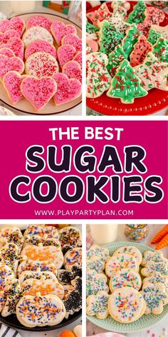 the best sugar cookies with sprinkles and frosting are on display in this collage