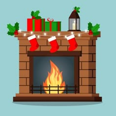 a christmas fireplace with stockings and presents on it