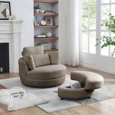 a living room with white furniture in it