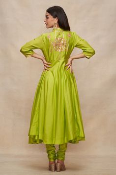 Lime green anarkali with gota embellished front and back yoke. - Aza Fashions Luxury Pista Green Anarkali Set With Gota Work, Pista Green Maxi Kurta For Diwali, Green Maxi Length Churidar For Diwali, Anarkali Green Kurta With Dori Work, Anarkali Green Kurta With Resham Embroidery, Green Anarkali Kurta With Resham Embroidery, Green Dress With Gota Work For Diwali, Green Diwali Dress With Gota Work, Anarkali Pista Green Kurta For Navratri