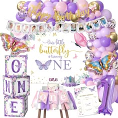 a purple and gold birthday party with balloons, streamers, decorations and other items