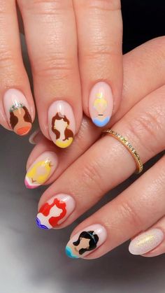 Character Nail Art Designs, Nail Art Themes, Disney Princess Themed Nails, Disney Character Nail Designs, Nail Inspo Disney, Disney Characters Nails, Character Nails Acrylic, Nail Art Designs Disney, Disney Nails Art