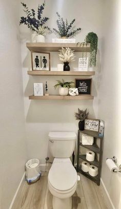 a white toilet sitting in a bathroom next to a wooden shelf filled with pictures and plants