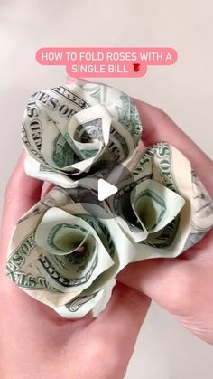 a person is holding three rolled up dollars in their hand with the words how to fold roses with a single bill