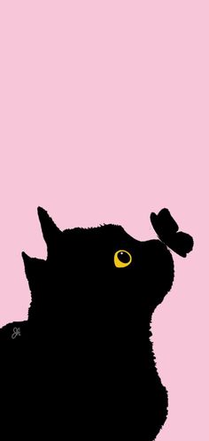 a black cat with yellow eyes looking up at something in the sky on a pink background