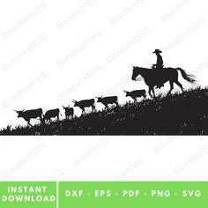 the silhouette of a man riding a horse and herding cattle on top of a hill