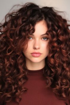 Hair Color Ideas For Brunette Curly Hair, Brown Red Color Hair, Curly Hair Two Tone, Deep Auburn Curly Hair, Natural Red Highlights In Brown Hair Dark Auburn, Color In Curly Hair, Dark Red Henna Hair, Auburn Copper Curly Hair, Chocolate Copper Hair Curly