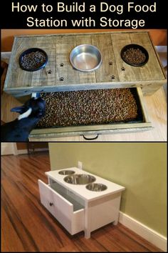 two pictures showing how to build a dog food station with storage for dogs and cats