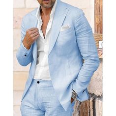 Category:Linen Suits; Embellishment:Pocket; Season:Spring,Summer; Fabric:Linen Blended; Front Closure:Single-Breasted Buttons; Includes:Pants,Jacket; Occasion:Linen,Wedding; Fit Type:Tailored Fit; Jacket Buttons:Single Breasted Two-buttons; Jacket Vents:None; Jacket Pockets:Straight Flapped; Pattern:Solid Colored; Listing Date:06/21/2024; Production mode:External procurement; Number of Pieces:2 Piece; Design:Classic Fitted Wedding Suits With Pockets, Fitted Groom's Suit With Pockets, Fitted Suit With Pockets For Groom, Slim Fit Suits With Lapel Collar For Spring, Slim Fit Suit With Lapel Collar For Spring, Slim Fit Spring Suits With Lapel Collar, Spring Slim Fit Suits With Lapel Collar, Formal Light Blue Blazer With Pockets, Light Blue Formal Blazer With Pockets