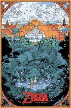 a poster with an image of a castle in the distance and trees around it,