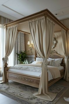 a canopy bed with drapes and curtains on the sides, in a bedroom setting