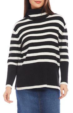 An ultrawide hem and elongated cuffs refresh the proportions of this wool-kissed turtleneck sweater streaked with bold horizontal stripes. 27" length (size Medium) Turtleneck Long sleeves Dropped shoulders Ribbed cuffs and hem 50% recycled polyester, 29% nylon, 15% polyester, 6% wool Dry clean Imported Winter Sweater With Striped Hem And Long Sleeves, Winter Knit Sweater With Striped Hem, Knit Sweater With Horizontal Stripes For Layering, Winter Knit Sweater With Striped Cuffs, Knit Sweater With Striped Cuffs For Winter, Fall Sweater With Striped Hem And Long Sleeves, Fall Horizontal Stripe Pattern Top For Layering, Chic Sweater With Contrast Stripes For Winter, Winter Knit Top With Striped Hem