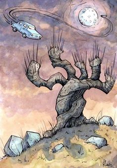 a drawing of a strange looking tree on top of a hill with an alien car flying over it