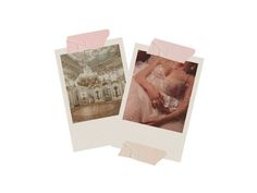 two polaroid photos, one in pink and the other in white, are on top of each other