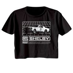 Shelby Cobra American Racing Women's Crop T-Shirt by American Classics Carroll Shelby was a designer of iconic sports cars, his influence has shaped the unique Shelby Cobra and Ford Mustang. The Shelby Cobra concept is a roadster inspired by the original AC Cobra that AC Cars developed in 1961, and Anglo-American racing car distinctive for it's distinct nose and bold racing stripes. For real gearheads, this Shelby American Racing Women's Crop Top has a vintage style print with a distressed look Cotton Racing Style Top With Graphic Print, Shelby American, Racing Women, Mustang Gt 350, Car Mustang, Tees Outfit, Muscle Cars Mustang, Shelby Car, Gt 350