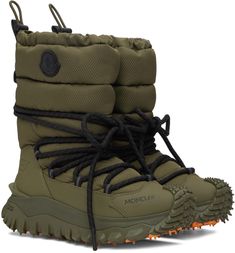 Find MONCLER Khaki Trailgrip Après Boots on Editorialist. Ankle-high padded quilted GORE-TEX® nylon ripstop boots in khaki. Waterproof. · Treaded rubber trim at cap toe · Wraparound lace-up closure · Bungee-style drawstring at collar · Grosgrain pull-loop at heel collar · Rubberized logo patch at outer side · EVA rubber platform midsole · Treaded Vibram® MEGAGRIP rubber outsole · Platform: H2 in Supplier color: Olive green Mens Shoes Streetwear, Huge Boots, Khakis Outfit, Hiking Boot, Swag Shoes, Sneakers Men Fashion, Sneaker Collection, Men Winter, Mens Street Style