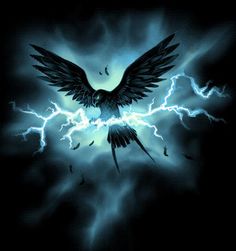 a black bird flying through the air with lightning in it's beak and wings