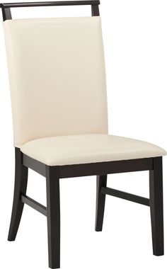 a white chair with black legs and a seat cushion on the back of it, against a white background