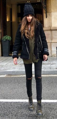 invierno Black Shearling Jacket, Pretty Winter Outfits, Classy Winter Outfits, Stylish Winter Outfits, Outfits 2017, Looks Chic, Casual Winter Outfits, Inspired Outfits