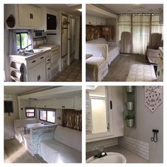 four pictures show the inside of a mobile home, including sink, kitchen and living room