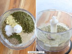 two pictures side by side showing the inside of a food processor with ingredients in it