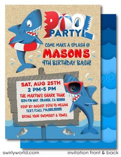 Dive into the deep blue for a birthday bash with our Shark Tank Infested Pool Party Swim Printed Invitation. Perfect for young adventurers, this vibrant set includes an invitation, thank you card, and matching envelopes. Customize easily on Corjl. Create excitement for your summer birthday bash! Sea Creature Birthday, Swim Party Invitations, Fishing Theme Birthday, Exclusive Invitation, Shark Birthday Invitations, Mysterious Creatures, Shark Themed Birthday Party, Swim Party, Pool Party Invitations