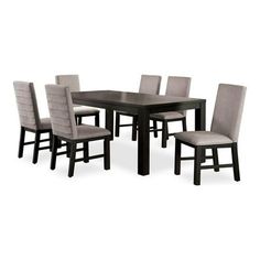 a dining room table and chairs with grey upholstered backrests on an isolated white background