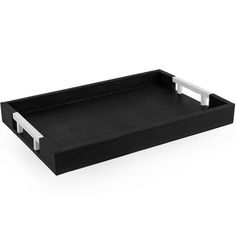 a black and white tray with two handles