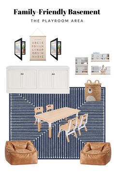 family friendly basement the playroom area in blue and white with text overlay that reads,