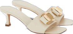 Formal Beige Mules With Buckle Closure, Chic White Mules With Buckle Closure, Elegant Open Toe Sandals With Gold Buckle, Classic Cream Mules For Formal Occasions, Elegant Sandals With Gold Buckle For Spring, Chic Formal Sandals With Gold Buckle, Elegant Cream Low Heel Mules, Elegant Cream Mules With Low Heel, Formal Cream Open Heel Mules