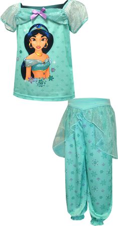 Sure to please any fan of the disney classic Aladdin, these flame resistant pajamas for girls feature the lovely Jasmine. Designed to look like her beautiful outfit, these gorgeous jammies have sheer sparkly details at the shoulders and on the waistband of the pajama bottoms. It is positively magical! Machine wash in a lingerie bag on delicate cycle. Princess Jasmine Dress, Disney Princess Pajamas, Pajamas For Girls, Girls Loungewear, Disney Princess Jasmine, Jasmine Dress, Halloween Pajamas, Girls Disney, Toddler Pajamas