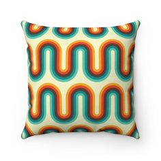 Retro 60s 70s Waves Mid Century Mod Orange & Blue Pillow | lovevisionkarma.com 70s Waves, Mid Century Modern Pillows, Retro Throw Pillows, Suede Pillows, Get Funky, Abstract Geometric Shapes, Retro 60s, Boomerangs, Retro Mid Century Modern