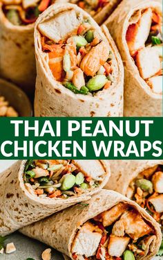 there is a wrap that has chicken in it and the words, thai peanut chicken wraps