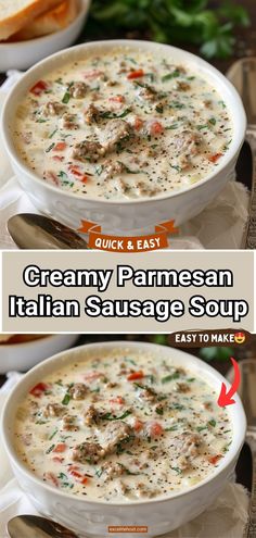 two bowls of creamy parmesan italian sausage soup