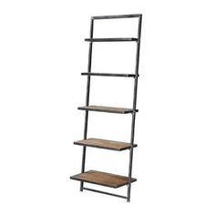 three tiered shelving unit with wooden shelves and metal frame, on white background