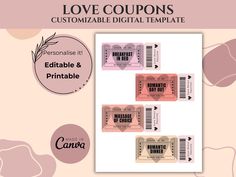 two coupons with the words love coupons and hearts on them in pinks