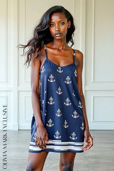 Olivia Mark - Nautical Anchor Print Camisole Dress Nautical Beach Tops For Summer, Nautical Tops For Beach In Summer, Nautical Style Beach Tops For Summer, Nautical Blue Top For Beach, Nautical Dresses For Summer Vacation, Nautical Style Summer Vacation Dresses, Nautical Sleeveless Beach Dress, Nautical Sleeveless Dresses For The Beach, Casual Spaghetti Strap Sleepwear For Beach