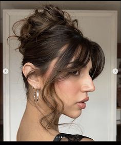 Occasional Hairstyles For Long Hair, Hair Bun With Fringe, High Bun Bangs, Prom Hair Bangs Updo, Prom Updos With Curtain Bangs, Grad Hair Updo, Sleek Prom Hair Updo, Prom Hairstyles For Medium Length Hair With Bangs, Prom Updo With Bangs