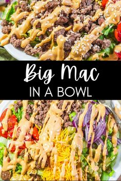 Big Mac in a Bowl is a delicious salad that tastes like a fast food classic Big Mac without the bun, drizzled in a special sauce and loaded with dill pickles, tomatoes, onions, and cheese. Pickles Tomatoes, Burger Bowls, Low Carb Salad, Dill Pickles, Special Sauce, Sesame Seed, Low Carb Meals Easy, Big Mac, Lose 40 Pounds