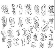 various shapes and sizes of earbuds drawn in pencil on a white paper background