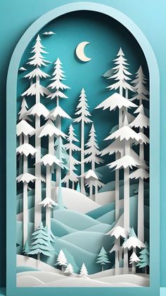 Winter fir tree forest covered with snow at night in paper cut style stock images Snow At Night, Winter Firs, Snow Night, New Year Background, Snowy Trees, Christmas Gingerbread House, New Years Background, Grafic Design