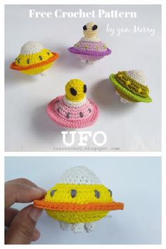 crochet pattern for an alien ship and other toy items to make it look like they are floating in the water