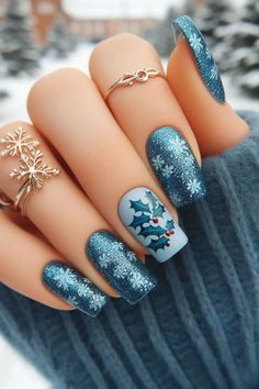 Dusty Blue Nails Acrylic, Blue Christmas Nail Ideas, Dusty Blue Nails, Blue Nails Acrylic, Simple Christmas Nail Designs, Penguin Nails, Character Nails, Berry Nails