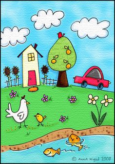 a painting of a house and chickens on a hill next to a pond with a red car in the background