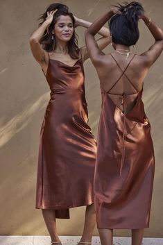 Bronze Cocktail Dress, Copper Satin Dress, Copper Dress Outfit, Copper Dresses, Copper Gown, Revenge Wedding, Jam Jams, Brown Satin Dress, Matric Dance Dresses