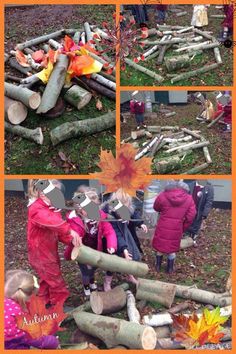 children playing in the woods with logs and leaves